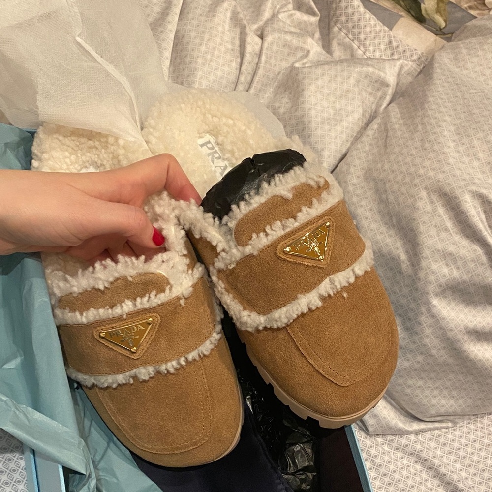 Prada Women's Brown Shearling Slippers